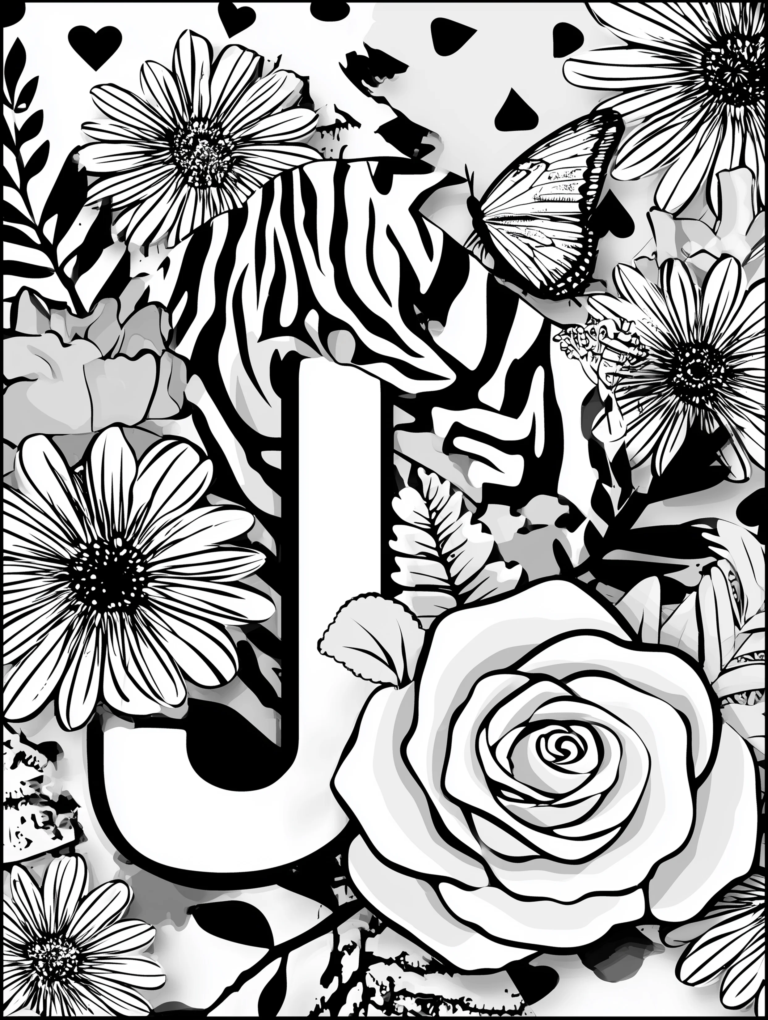 Free printable letter coloring page for adults featuring the letter J